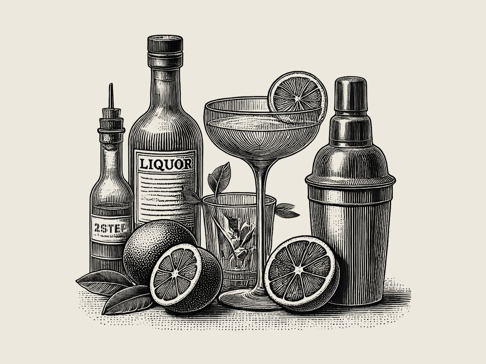 Black and white illustration of cocktail ingredients, featuring liquor bottles, a shaker, citrus fruits, and herbs—perfect for highlighting The Grazery restaurant at Two Step Farm. Discover this unique spot with new homes in Montgomery County.