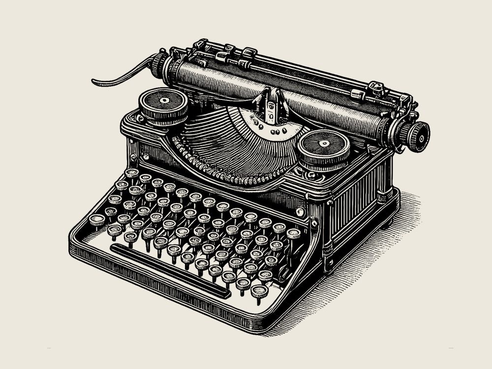 Black and white illustration of a vintage typewriter with round keys, detailed mechanical parts, and a textured surface, viewed from an angle—reminiscent of classic charm found in new homes in Montgomery County, TX.