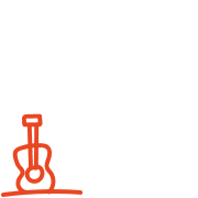 Simple red line drawing of an acoustic guitar standing upright on the ground in the lower left corner of a plain white background, inspired by the musical heritage of Montgomery County TX and TX at Two Step Farm.
