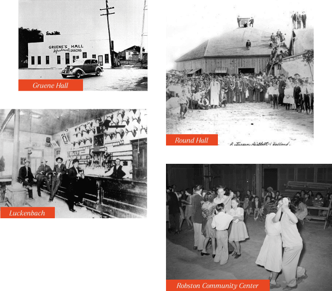 A collage of four historical black-and-white photos shows Gruene Hall, Round Hall, Luckenbach, and Robston Community Center with people gathered or dancing—echoing timeless Texas traditions still celebrated at TX at Two Step Farm.