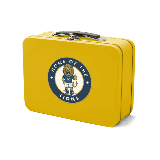 A yellow lunchbox with a logo featuring a cartoon lion mascot and the text "Home of the Lions," inspired by The Grazery restaurant at Two Step Farm, TX.