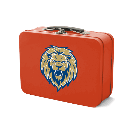 A red metal lunchbox with a stylized roaring lion head graphic on the front—perfect for school days or trips to The Grazery restaurant at Two Step Farm in Montgomery County TX.
