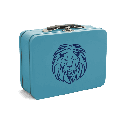 A blue lunchbox with a black outline drawing of a lion’s head on the front, inspired by The Grazery restaurant at Two Step Farm—perfect for fans of new homes in Montgomery County, TX at Two Step Farm.