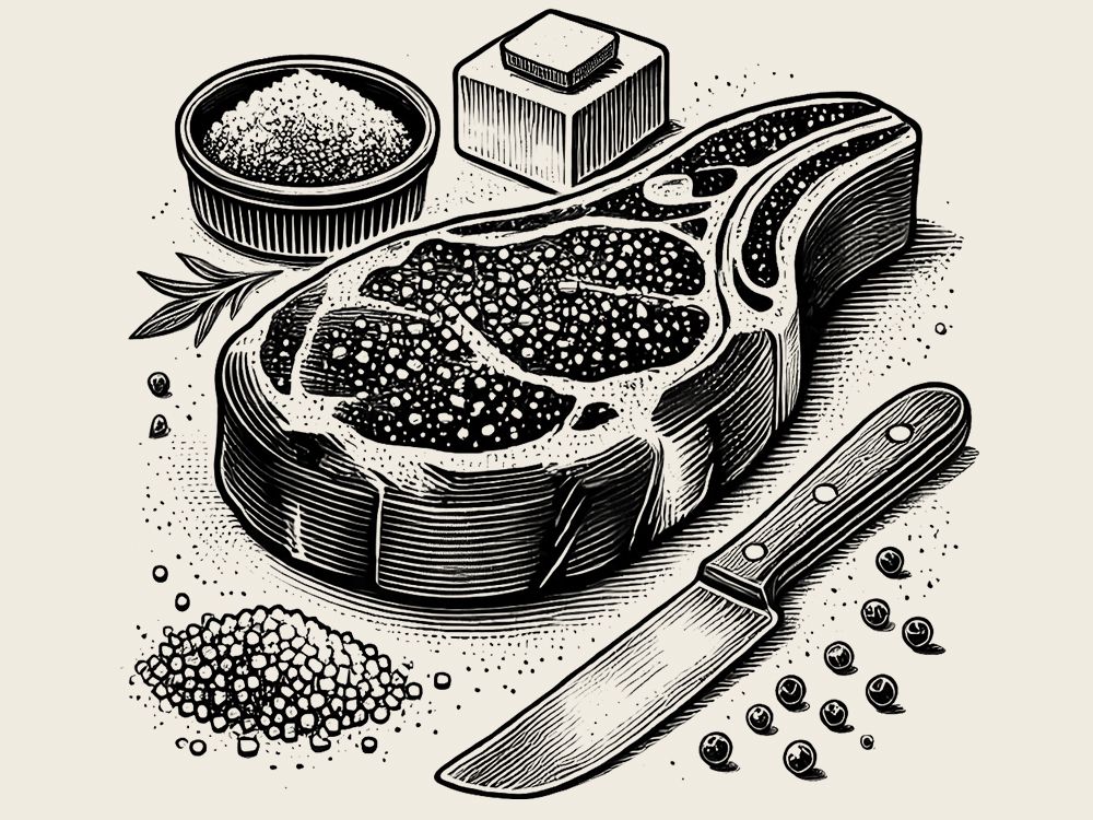 Illustration of a ribeye steak with butter and other seasonings surrounding