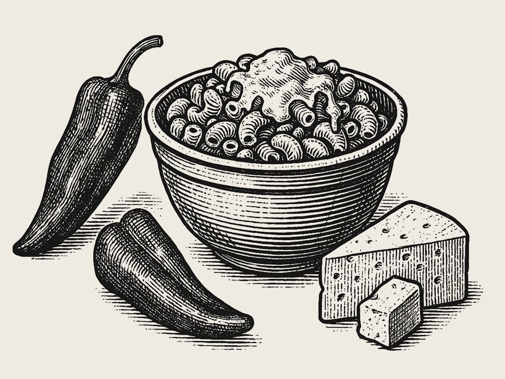 Black and white drawing of a bowl of macaroni and cheese, two chili peppers, and two pieces of cheese, inspired by The Grazery restaurant at Two Step Farm in TX.