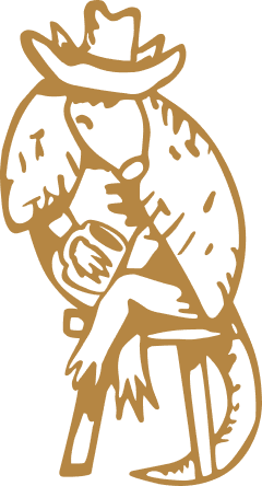 Line drawing of an armadillo wearing a cowboy hat, sitting on a stool and holding a mug—just the kind of character you might spot near The Grazery restaurant at Two Step Farm, TX.