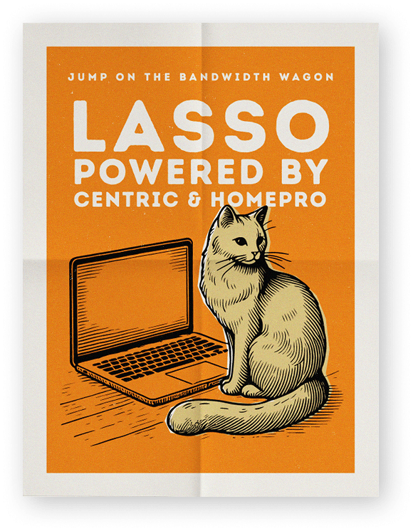 Illustration of a cat sitting next to an open laptop on an orange background with the text "Lasso powered by Centric & Homepro, inspired by New homes in Montgomery County, TX.