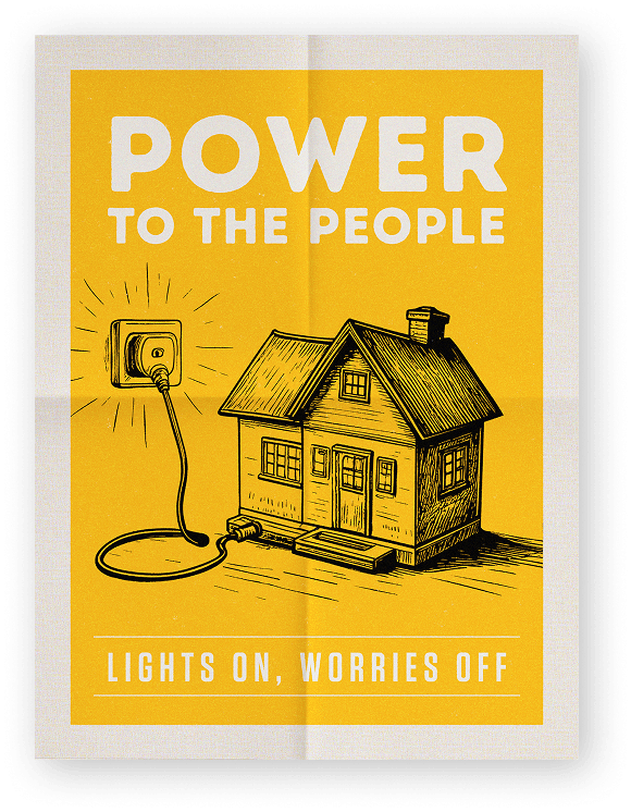 A poster shows a house plugged into a wall outlet with the text "POWER TO THE PEOPLE. LIGHTS ON, WORRIES OFF" on a yellow background—highlighting the ease of living in new homes in Montgomery County, TX.