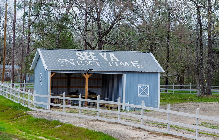 Small blue stable-like shed with “SEE YA NEXT TIME” written on the roof, surrounded by a white fence and trees in the background.