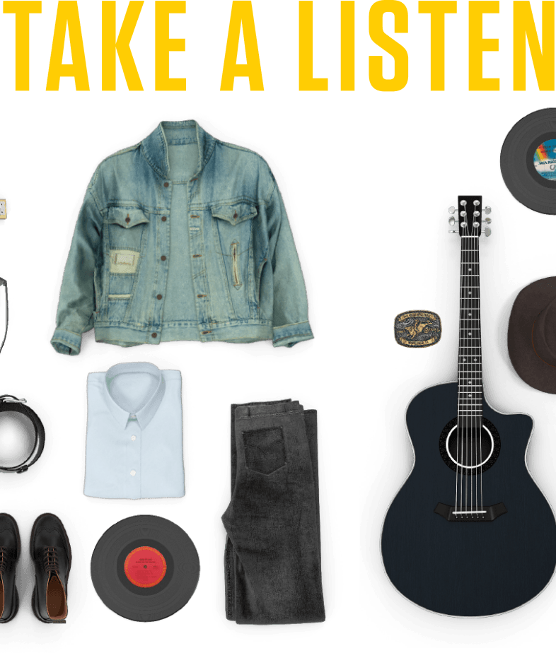 Flat lay of a denim jacket, light blue shirt, gray jeans, shoes, guitar, vinyl records, headphones, and hat. Text reads "TAKE A LISTEN." Experience this vibe at The Grazery restaurant at Two Step Farm or in new homes in Montgomery County, TX.