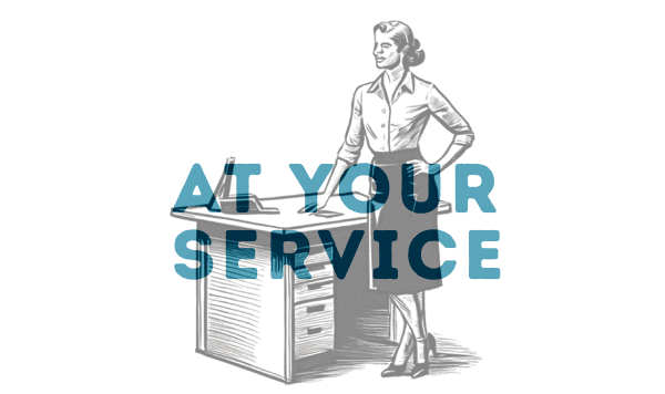 Illustration of a woman standing by a desk with the text "AT YOUR SERVICE" overlaid in large blue letters, inspired by The Grazery restaurant at Two Step Farm in Montgomery County TX.