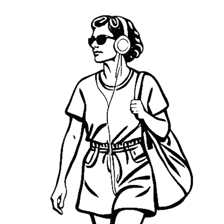 Black and white drawing of a woman wearing sunglasses, headphones, a t-shirt, and shorts, carrying a large bag and walking forward—evoking the vibrant lifestyle found at TX at Two Step Farm in Montgomery County TX.