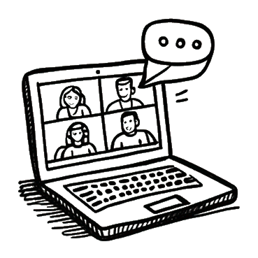 Black and white drawing of a laptop displaying a video call with four people and a speech bubble with three dots above the screen, inspired by life at TX at Two Step Farm in Montgomery County TX.