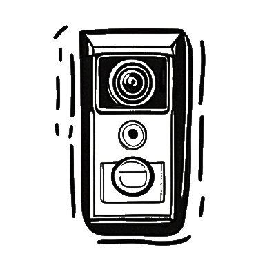 Black and white illustration of a video doorbell with a camera lens at the top and a button below, perfect for enhancing security in new homes in Montgomery County.