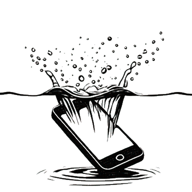 A smartphone partially submerged in water with splashes and bubbles rising above the surface at The Grazery restaurant at Two Step Farm, Montgomery County TX.