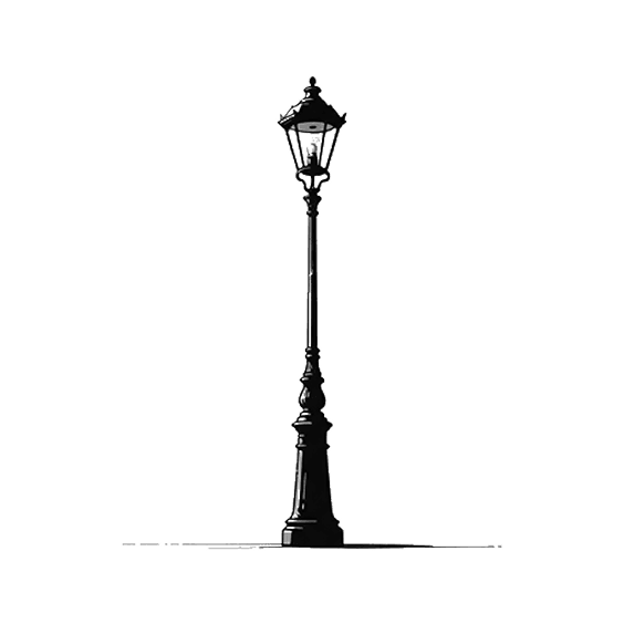 Black and white illustration of a vintage street lamp standing upright on a plain background, evoking the timeless charm of Montgomery County TX.