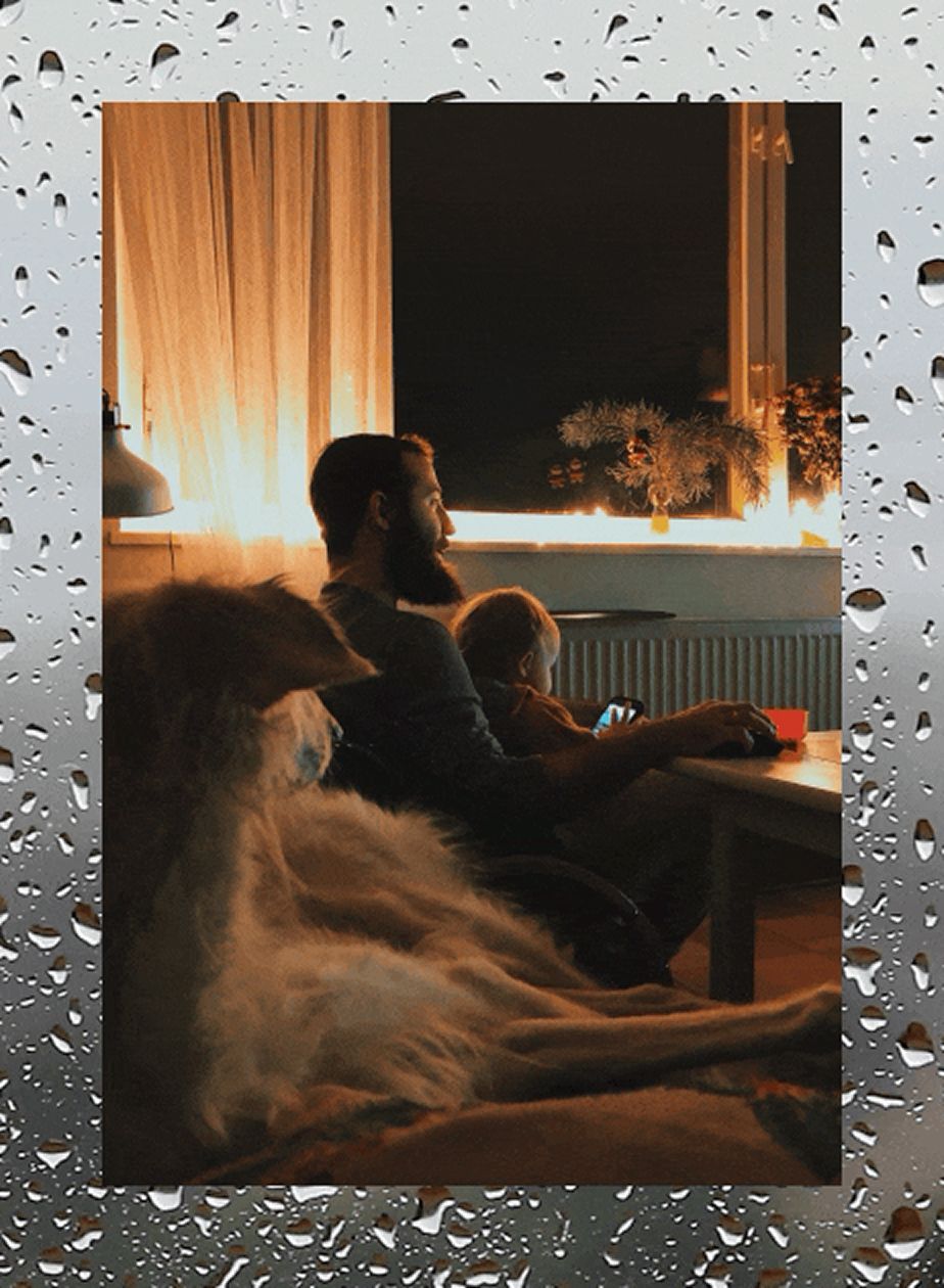 A man, child, and dog sit together in a warmly lit room at night in Montgomery County TX; the man uses a computer, the child holds a device, and raindrops cover the window—perfect comfort after dining at The Grazery restaurant at Two Step Farm.