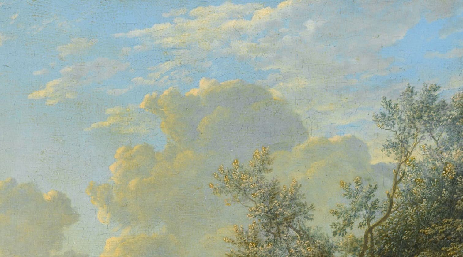 A partly cloudy sky with large, light-filled clouds drifts above the leafy trees and the inviting new homes at Two Step Farm, TX, extending into the scenic frame.