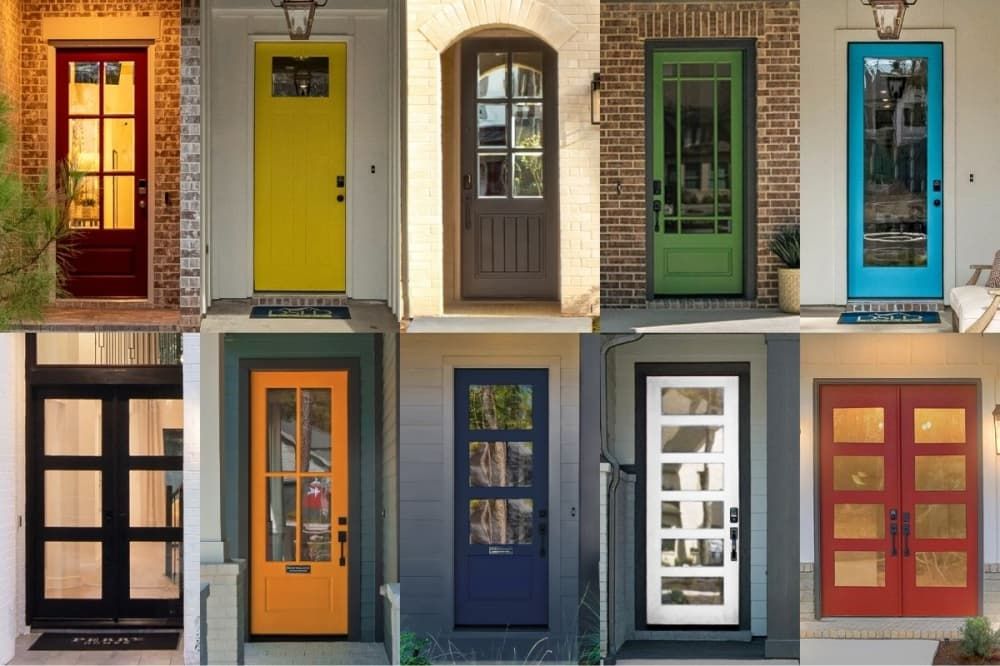 A grid of ten front doors in various colors and styles, including red, yellow, brown, green, blue, orange, white, and black, each with different arrangements of glass panels.